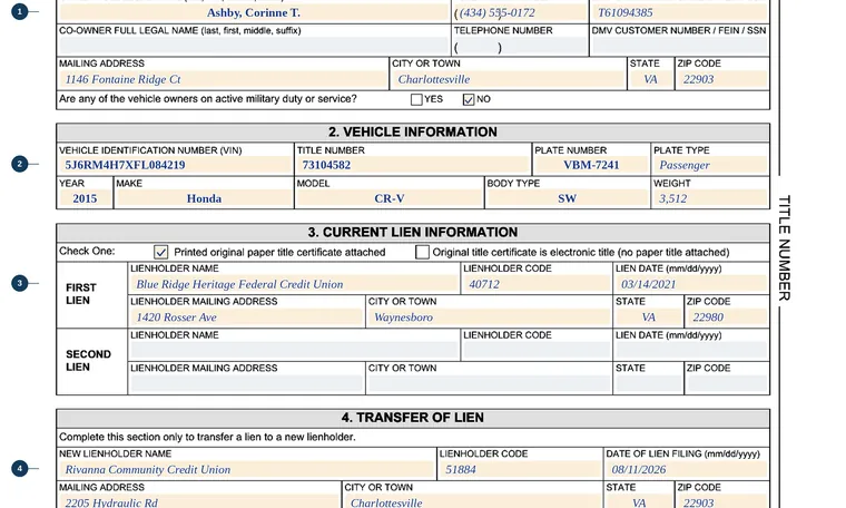 Part of page 1 of our filled-in example of Virginia VSA 66, Application for Transfer and Supplemental Liens, showing the filled-in entries