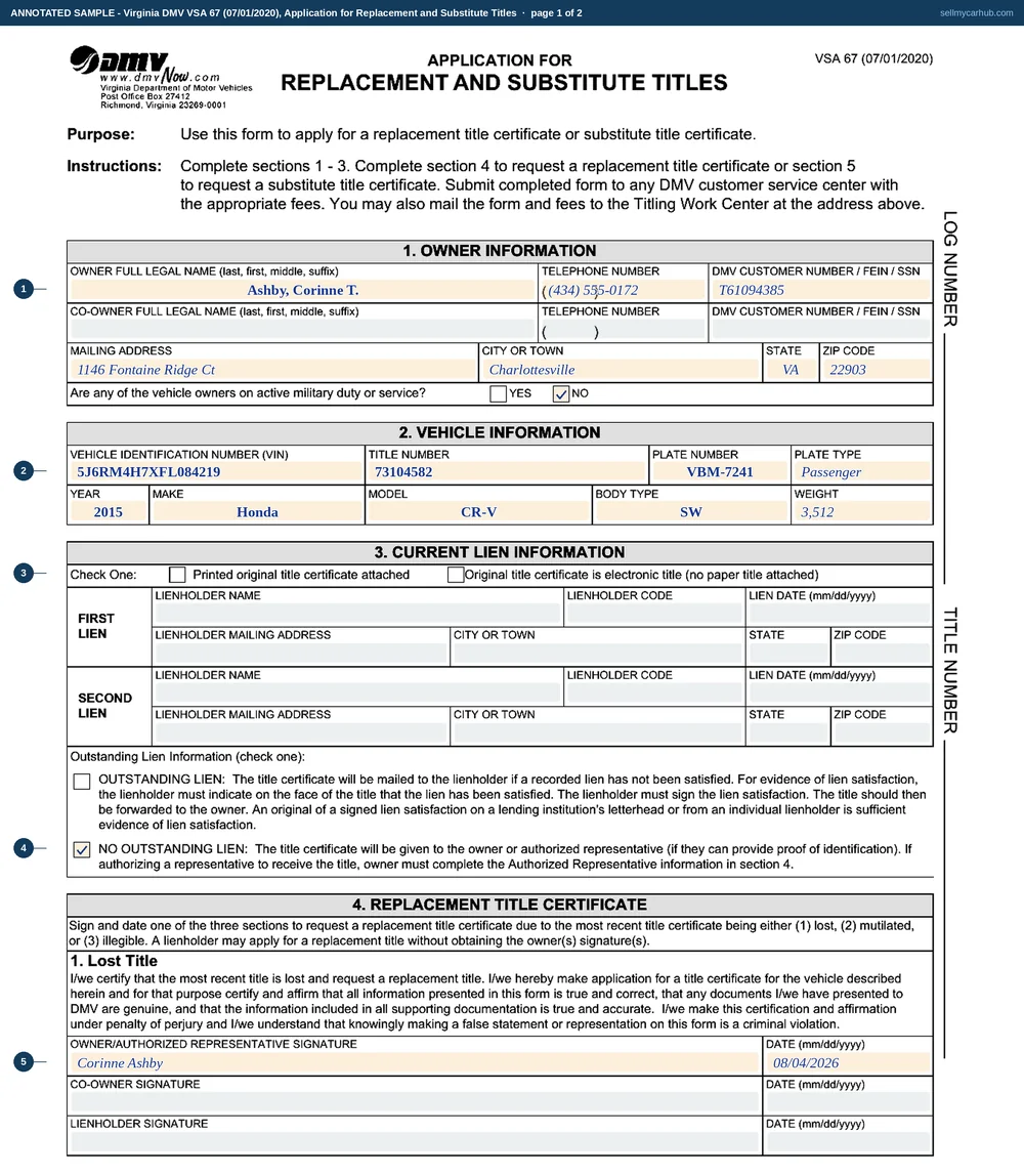 The Virginia DMV VSA 67 filled in as a lost-title replacement: owner Corinne T. Ashby of Charlottesville, a 2015 Honda CR-V with its title and plate numbers, the no-outstanding-lien box ticked, and the owner's signature dated 08/04/2026 in the lost title block.