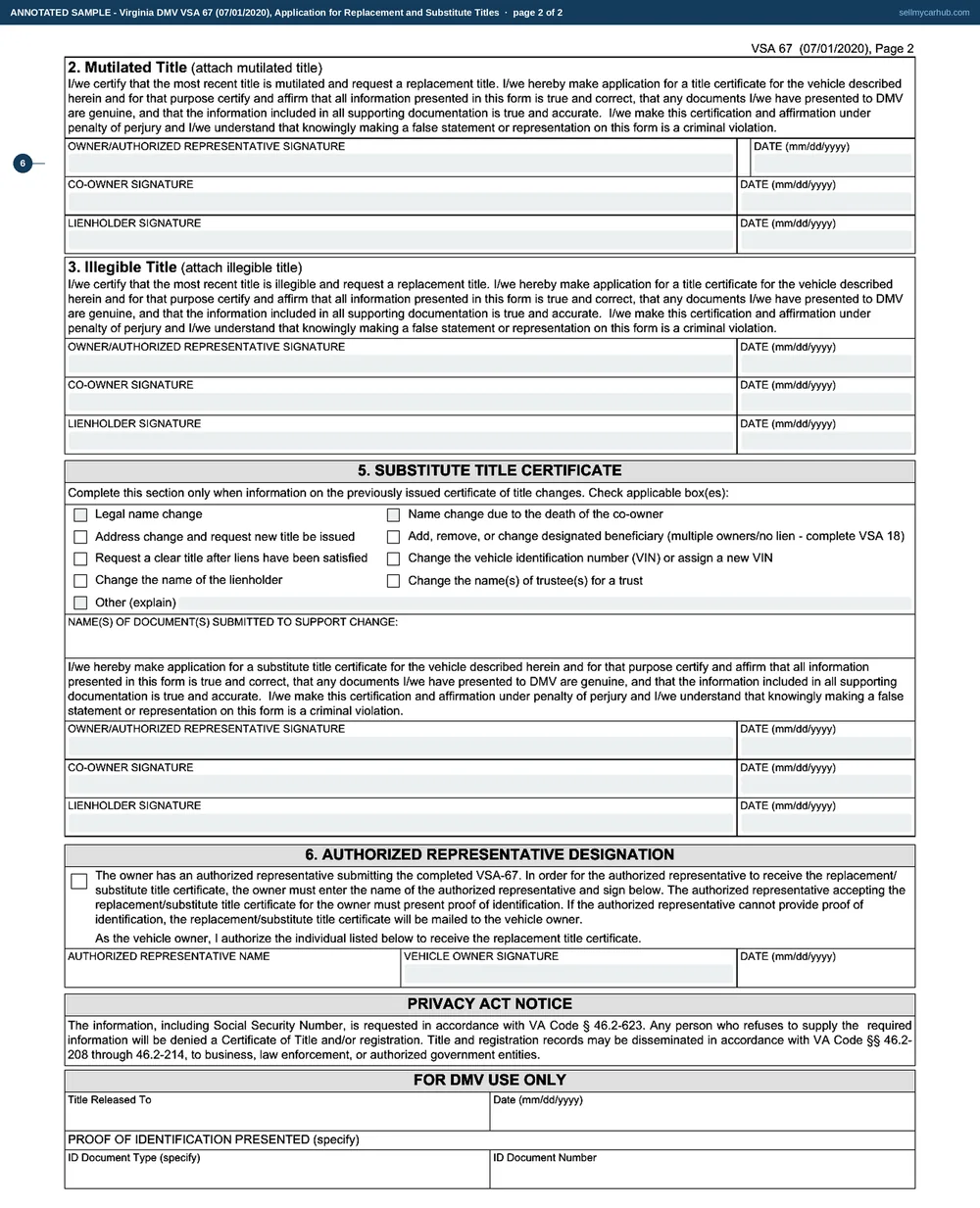 The Virginia DMV VSA 67 filled in as a lost-title replacement: owner Corinne T. Ashby of Charlottesville, a 2015 Honda CR-V with its title and plate numbers, the no-outstanding-lien box ticked, and the owner's signature dated 08/04/2026 in the lost title block.
