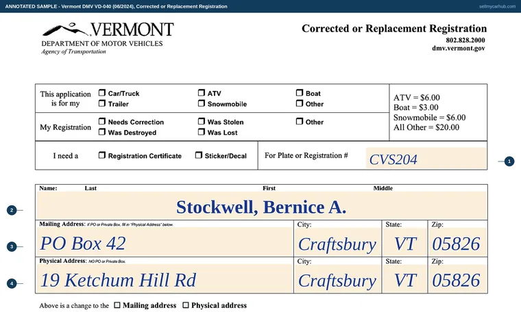Top of our filled-in example of Vermont VD-040, Corrected or Replacement Registration