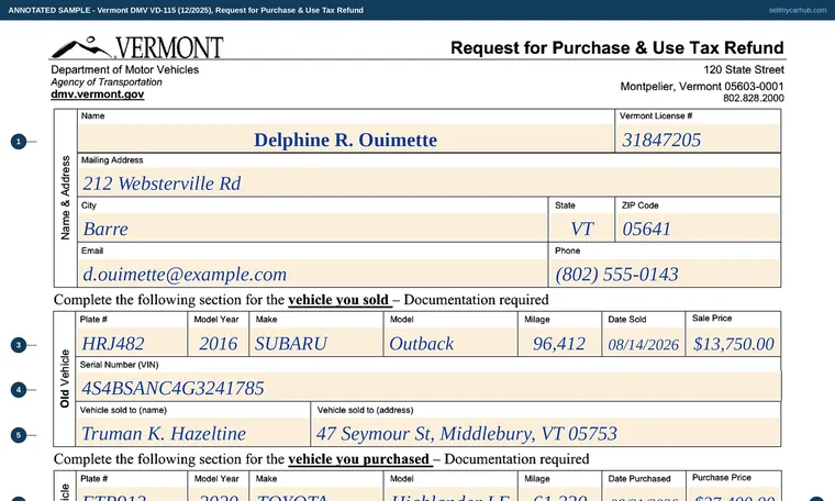 Top of our filled-in example of Vermont VD-115, Request for Purchase & Use Tax Refund