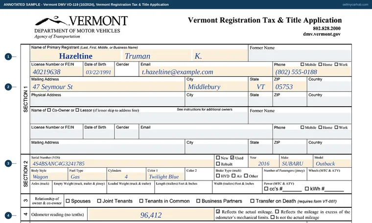 Top of our filled-in example of Vermont VD-119, Vermont Registration Tax & Title Application