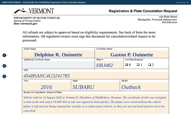 Top of our filled-in example of Vermont VD-170, Registration & Plate Cancelation Request