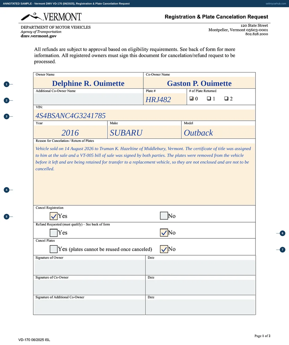 A completed Vermont Registration & Plate Cancelation Request, form VD-170, following the sale of a 2016 Subaru Outback: Ouimette, Delphine R. named as owner with Gaston P. Ouimette as co-owner, plate HRJ482, zero plates returned, vehicle identification number 4S4BSANC4G3241785, year 2016, make Subaru and model Outback, a reason panel recording that the vehicle was sold to Truman K. Hazeltine of Middlebury on 14 August 2026 and that the plates were retained for transfer, Cancel Registration answered Yes, Refund Requested answered No and Cancel Plates answered No, with the two signature rows left for ink.