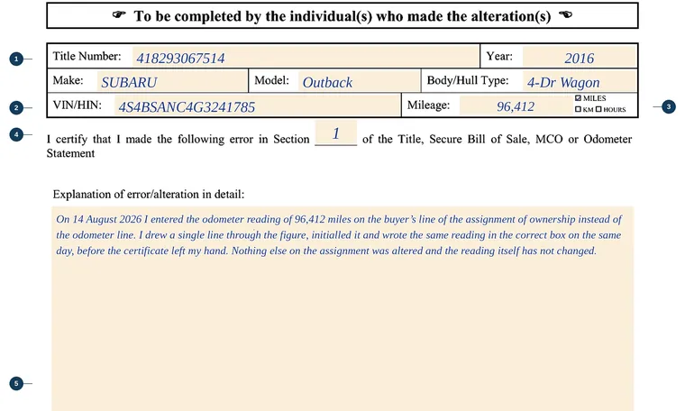 Part of our filled-in example of Vermont VN-020, Title/MCO Alteration Statement, showing the filled-in entries