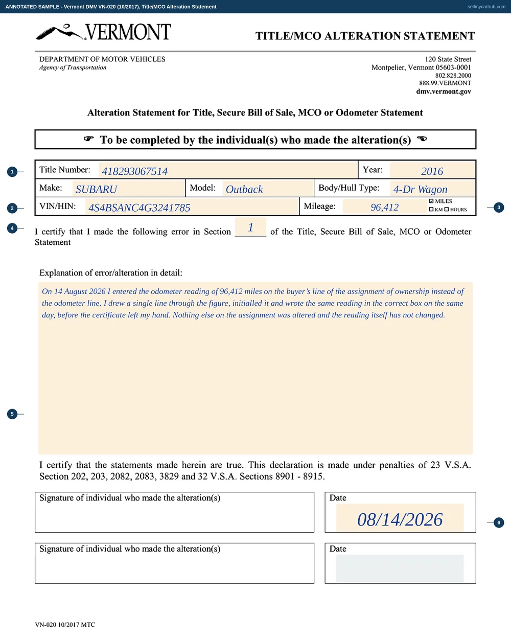 A completed Vermont Title/MCO Alteration Statement, form VN-020, explaining an error on the certificate of a 2016 Subaru Outback: title number 418293067514, year 2016, make Subaru, model Outback, body type 4-Dr Wagon, vehicle identification number 4S4BSANC4G3241785, a mileage of 96,412 with the MILES box ticked, the section number written as 1, and a detailed explanation in the panel below saying that the seller entered the odometer reading on the buyer's line, struck it through and rewrote it in the correct box on the same day, before the certificate left her hand.