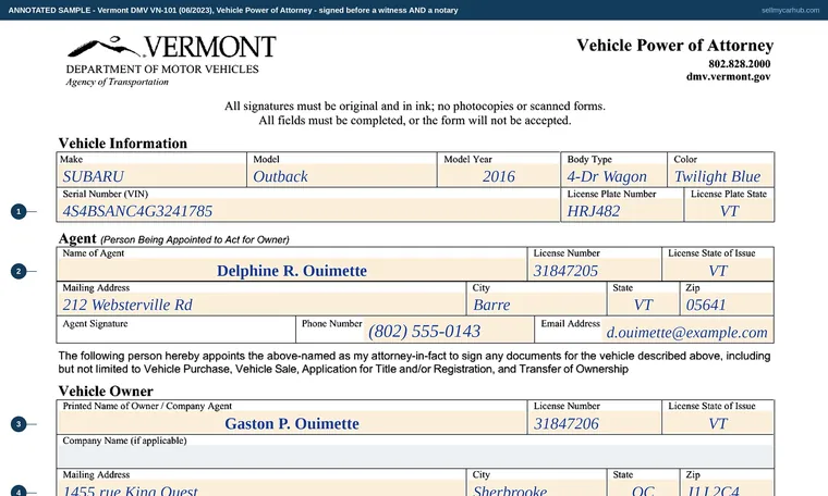 Top of our filled-in example of Vermont VN-101, Vehicle Power of Attorney