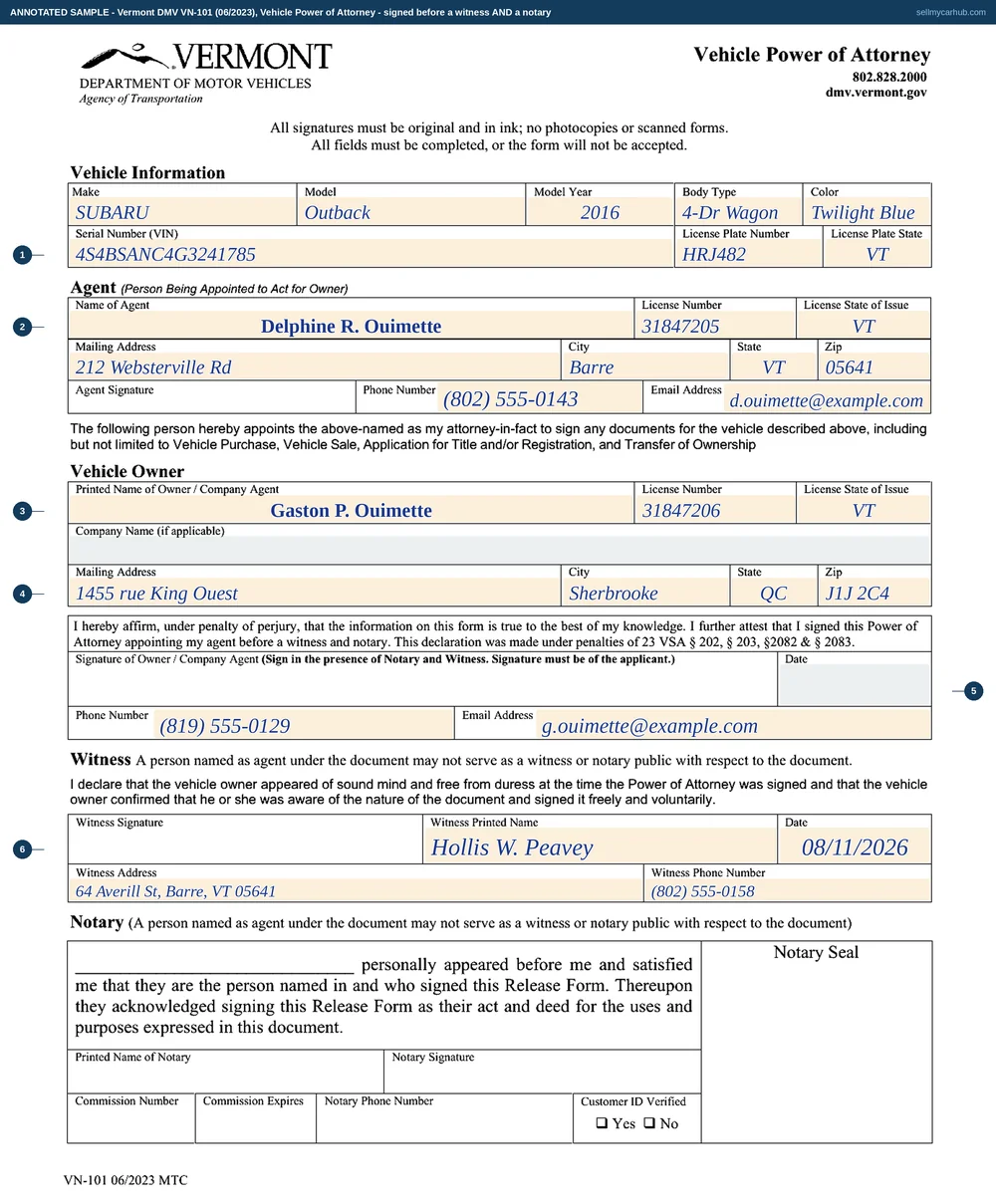A completed Vermont Vehicle Power of Attorney, form VN-101, for a 2016 Subaru Outback: the vehicle described by make, model, model year, body type and colour with vehicle identification number 4S4BSANC4G3241785 and Vermont plate HRJ482; Delphine R. Ouimette named as agent with a Vermont licence number and a Barre address; Gaston P. Ouimette named as the vehicle owner with a mailing address in Sherbrooke, Quebec; and the witness block naming Hollis W. Peavey of Barre. The owner's signature line and the notarial block below it are left empty and marked as blocks that must be completed in front of the notary.