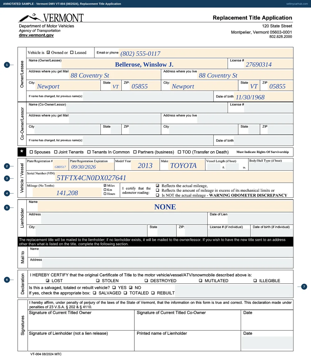 A completed Vermont Replacement Title Application, form VT-004, for a 2013 Toyota Tacoma whose certificate was lost: the owner named as Bellerose, Winslow J. of Newport with a Vermont licence number and date of birth, the vehicle described by plate GBD517, model year 2013 and make Toyota, the vehicle identification number 5TFTX4CN0DX027641, a mileage of 141,208 with the actual-mileage certification, the lienholder block empty, the LOST box ticked in the declaration and the salvage question answered NO.