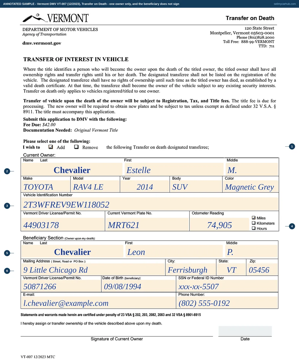 A completed Vermont Transfer on Death form, VT-007, adding a designated transferee to a 2014 Toyota RAV4: the Add box ticked, the current owner named as Chevalier, Estelle M., the vehicle described as a 2014 Toyota RAV4 LE in Magnetic Grey with vehicle identification number 2T3WFREV9EW118052, a Vermont licence number, plate MRT621 and an odometer reading of 74,905 with the Miles box ticked, and the beneficiary section naming Chevalier, Leon P. of Ferrisburgh with a mailing address, licence number, date of birth, email and phone number. The signature line at the foot is left empty.