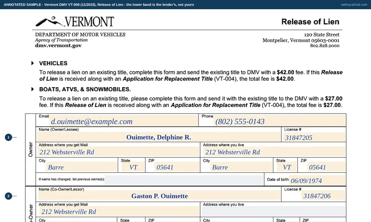 Top of our filled-in example of Vermont VT-008, Release of Lien