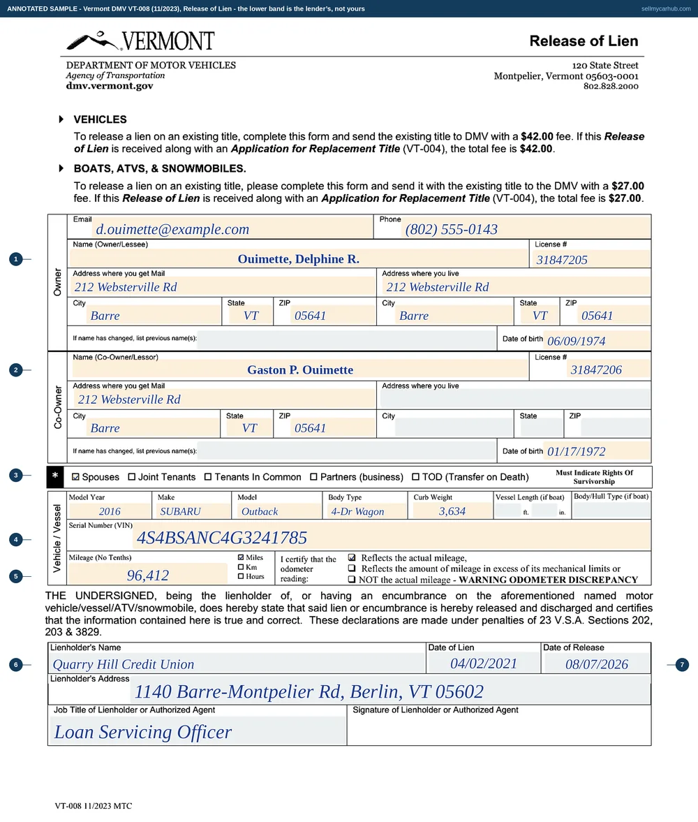 A completed Vermont Release of Lien, form VT-008, clearing Quarry Hill Credit Union from the certificate of a 2016 Subaru Outback: the owner named as Ouimette, Delphine R. of Barre with a co-owner Gaston P. Ouimette, the Spouses survivorship box ticked, model year 2016, make Subaru, model Outback, body type 4-Dr Wagon, curb weight 3,634, vehicle identification number 4S4BSANC4G3241785, mileage 96,412 with the actual-mileage certification, and the lienholder block naming the credit union with a lien date of 04/02/2021, a release date of 08/07/2026 and the job title Loan Servicing Officer.