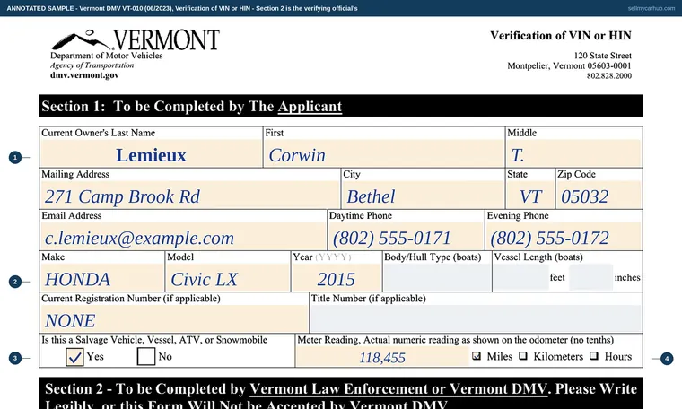 Top of our filled-in example of Vermont VT-010, Verification of VIN or HIN
