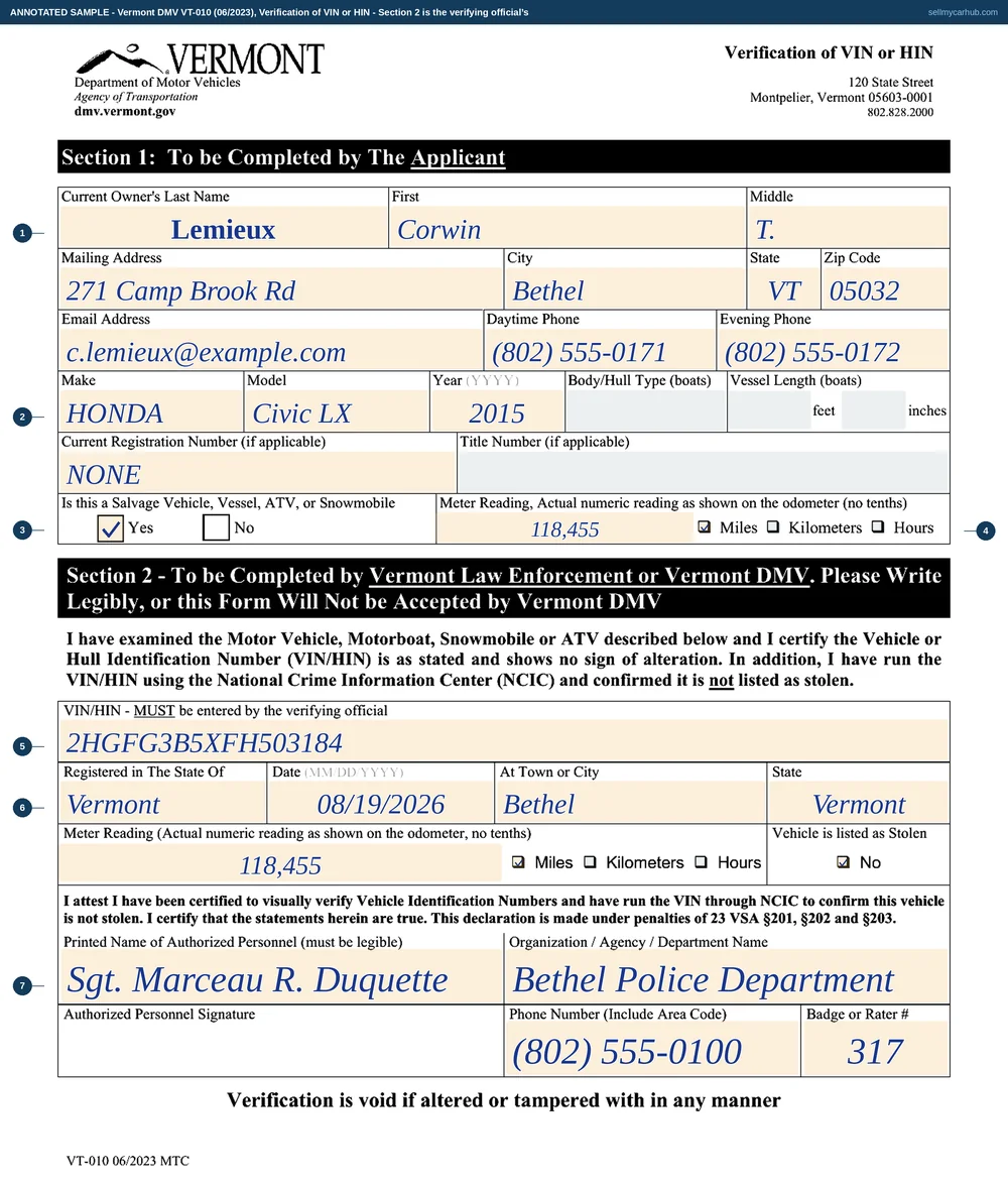 A completed Vermont Verification of VIN or HIN, form VT-010, for a rebuilt 2015 Honda Civic: Section 1 names Lemieux, Corwin T. of Bethel with an email address and two phone numbers, the vehicle described as a 2015 Honda Civic, no current registration number, the salvage question answered Yes and a meter reading of 118,455 miles. Section 2 is completed by the verifying official with the vehicle identification number 2HGFG3B5XFH503184, the state of Vermont, an inspection date, the town of Bethel, the same meter reading, the vehicle not listed as stolen, and a printed name, agency, phone number and badge number.