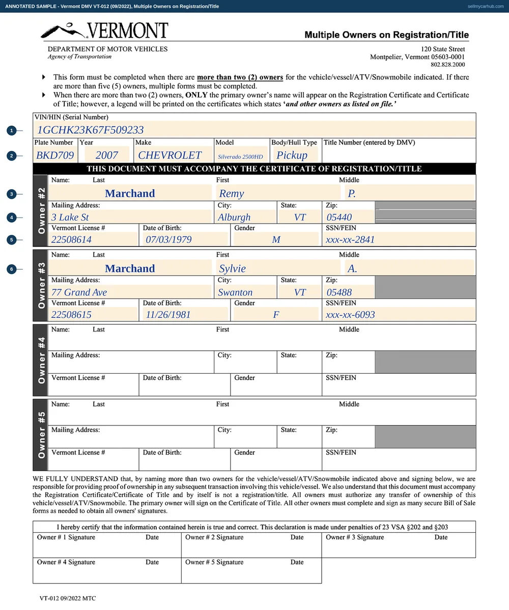 A completed Vermont Multiple Owners on Registration/Title form, VT-012, for a 2007 Chevrolet Silverado 2500HD with vehicle identification number 1GCHK23K67F509233 and Vermont plate BKD709: the vehicle row filled in with plate, year, make, model and body type, and the Owner #2 and Owner #3 blocks naming Remy P. Marchand of Alburgh and Sylvie A. Marchand of Swanton with mailing addresses, Vermont licence numbers, dates of birth and the last four digits of their identification numbers. The title number box is shaded as one the department completes and the five signature rows at the foot are left empty.