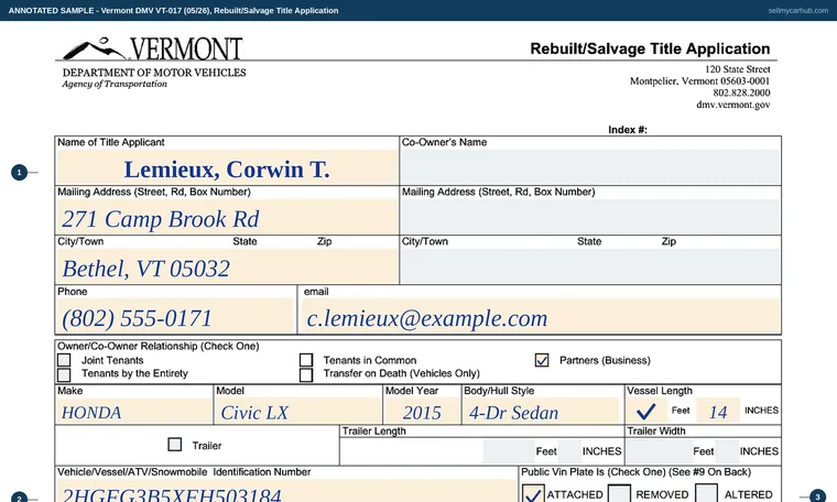 Top of our filled-in example of Vermont VT-017, Rebuilt/Salvage Title Application