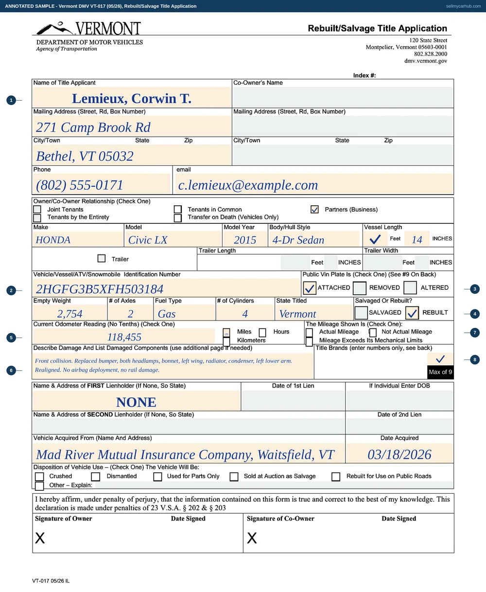 A completed Vermont Rebuilt/Salvage Title Application, form VT-017, for a 2015 Honda Civic LX rebuilt after a collision: the applicant named as Lemieux, Corwin T. of Bethel with a phone number and email, the vehicle described by make, model, model year and body style with vehicle identification number 2HGFG3B5XFH503184, the public VIN plate ticked as attached, an empty weight, axle count, fuel type and cylinder count, Vermont as the state titled, the Rebuilt box ticked, an odometer reading of 118,455 miles certified as actual, a damage description naming the front-end collision damage and the components replaced, title brand codes entered as numbers, the lienholder blocks reading NONE, the vehicle acquired from an insurer with the date, and Rebuilt for Use on Public Roads ticked as the disposition.
