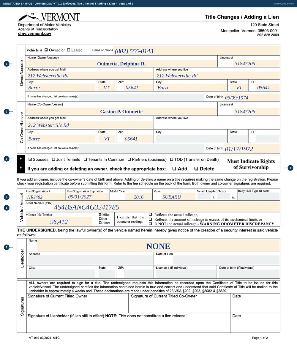 Both pages of a completed Vermont Title Changes / Adding a Lien application, form VT-019, deleting a co-owner from the certificate of a 2016 Subaru Outback. The first page names Ouimette, Delphine R. of Barre as owner and Gaston P. Ouimette as co-owner, ticks Spouses for survivorship and Delete for the change, gives the plate HRJ482 with its expiry, model year 2016, make Subaru, the vehicle identification number 4S4BSANC4G3241785 and a mileage of 96,412 with the actual-mileage certification, and leaves the lienholder block reading NONE. The second page is the department's fee schedule and survivorship definitions, untouched.