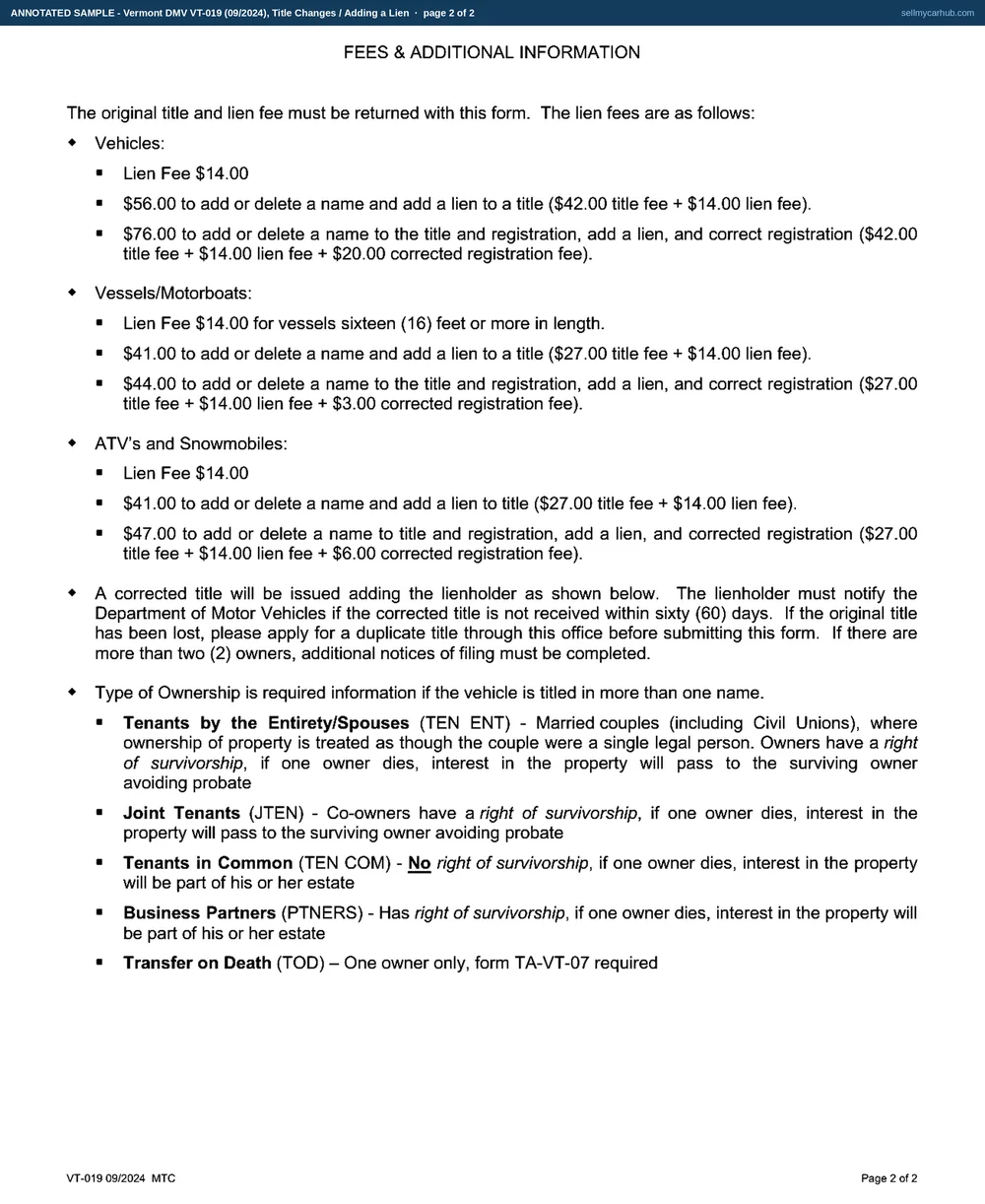 Both pages of a completed Vermont Title Changes / Adding a Lien application, form VT-019, deleting a co-owner from the certificate of a 2016 Subaru Outback. The first page names Ouimette, Delphine R. of Barre as owner and Gaston P. Ouimette as co-owner, ticks Spouses for survivorship and Delete for the change, gives the plate HRJ482 with its expiry, model year 2016, make Subaru, the vehicle identification number 4S4BSANC4G3241785 and a mileage of 96,412 with the actual-mileage certification, and leaves the lienholder block reading NONE. The second page is the department's fee schedule and survivorship definitions, untouched.