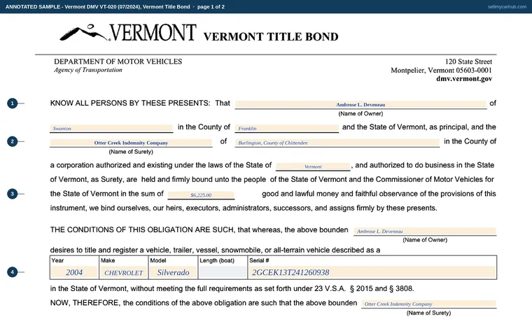 Top of page 1 of our filled-in example of Vermont VT-020, Vermont Title Bond