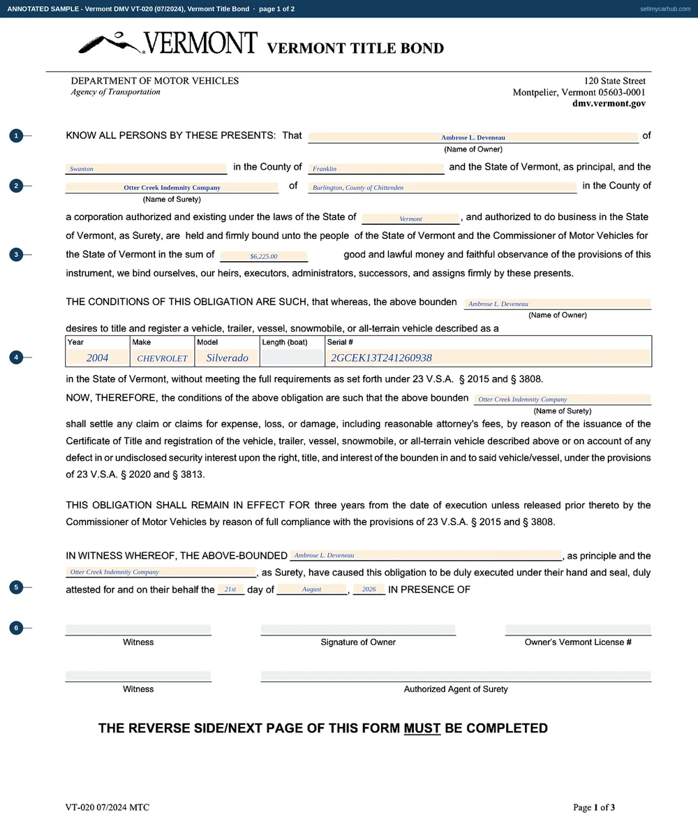 Both completed pages of a Vermont Title Bond, form VT-020, for a 2004 Chevrolet Silverado 1500. The first page names Ambrose L. Deveneau of Swanton in Franklin County as principal and Otter Creek Indemnity Company of Burlington in Chittenden County as surety, a corporation existing under the laws of Vermont, bound in the sum of $6,225.00, with the vehicle described by year, make, model and serial number 2GCEK13T241260938 and the execution date written into the closing sentence above two witness and signature rows. The second page carries the owner's signature, the date and a Vermont licence number above the department's own supervisor review block.