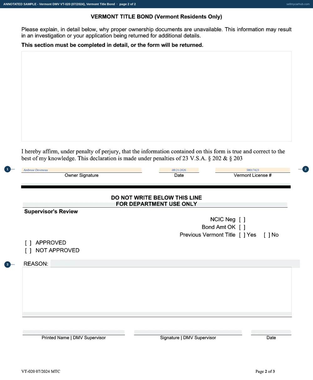 Both completed pages of a Vermont Title Bond, form VT-020, for a 2004 Chevrolet Silverado 1500. The first page names Ambrose L. Deveneau of Swanton in Franklin County as principal and Otter Creek Indemnity Company of Burlington in Chittenden County as surety, a corporation existing under the laws of Vermont, bound in the sum of $6,225.00, with the vehicle described by year, make, model and serial number 2GCEK13T241260938 and the execution date written into the closing sentence above two witness and signature rows. The second page carries the owner's signature, the date and a Vermont licence number above the department's own supervisor review block.
