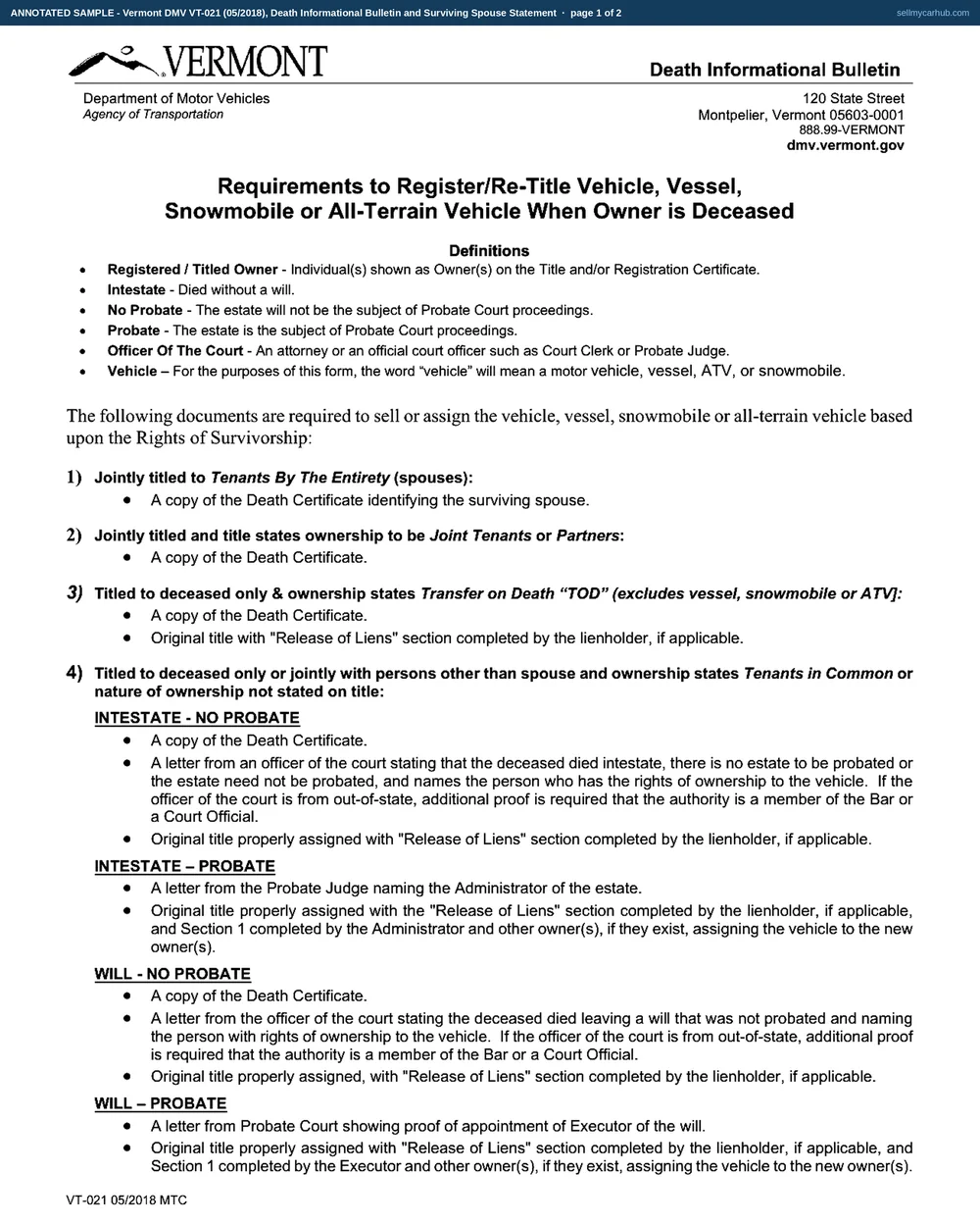 Both pages of the Vermont Death Informational Bulletin, form VT-021. The first page is the department's decision table, with the four routes through an estate shaded as printed text rather than boxes to complete. The second page carries the surviving spouse exception and, at its foot, the Surviving Spouse Statement completed in the name of Rosalie B. Thibault certifying that Lucien A. Thibault died, with her signature and a date of 12 August 2026 written on the two rules beneath.