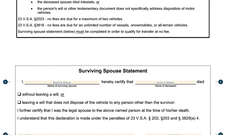 Part of page 2 of our filled-in example of Vermont VT-021, Death Informational Bulletin and Surviving Spouse Statement, showing the filled-in entries