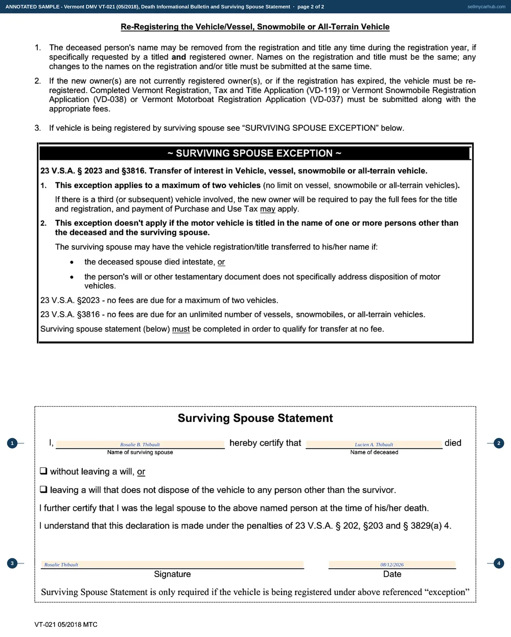 Both pages of the Vermont Death Informational Bulletin, form VT-021. The first page is the department's decision table, with the four routes through an estate shaded as printed text rather than boxes to complete. The second page carries the surviving spouse exception and, at its foot, the Surviving Spouse Statement completed in the name of Rosalie B. Thibault certifying that Lucien A. Thibault died, with her signature and a date of 12 August 2026 written on the two rules beneath.