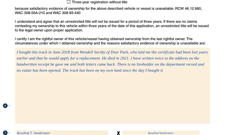 Part of our filled-in example of Washington 420-008, Bonded Title or Three-Year Registration Without Title Affidavit, showing the filled-in entries