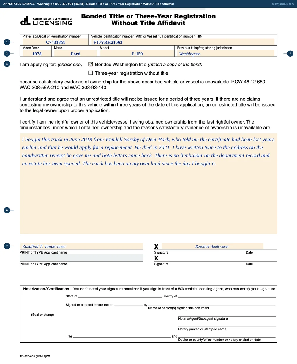 A completed Washington Bonded Title or Three-Year Registration Without Title Affidavit, form 420-008, for a 1978 Ford F-150: the registration number and identification number, the previous jurisdiction, the bonded Washington title box ticked, a written account of how the vehicle was acquired and why no evidence of ownership exists, the applicant's name, signature and date, and a seal block still to be completed by the witness.
