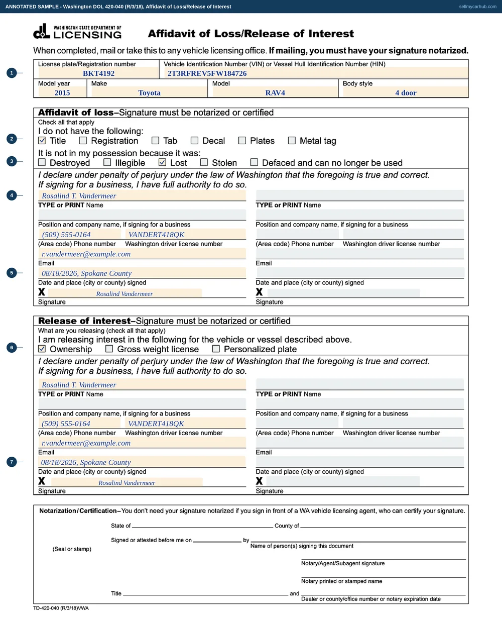 A completed Washington Affidavit of Loss/Release of Interest, form 420-040, for a 2015 Toyota RAV4: the plate and identification numbers, the title box ticked in the affidavit of loss with lost ticked as the reason, Rosalind Vandermeer of Spokane named and signed with the date and place, the ownership box ticked in the release of interest half with her signature again, and the single seal block at the foot left blank for whoever witnesses both.