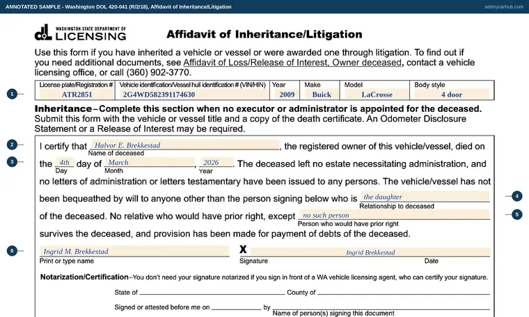 Top of our filled-in example of Washington 420-041, Affidavit of Inheritance/Litigation