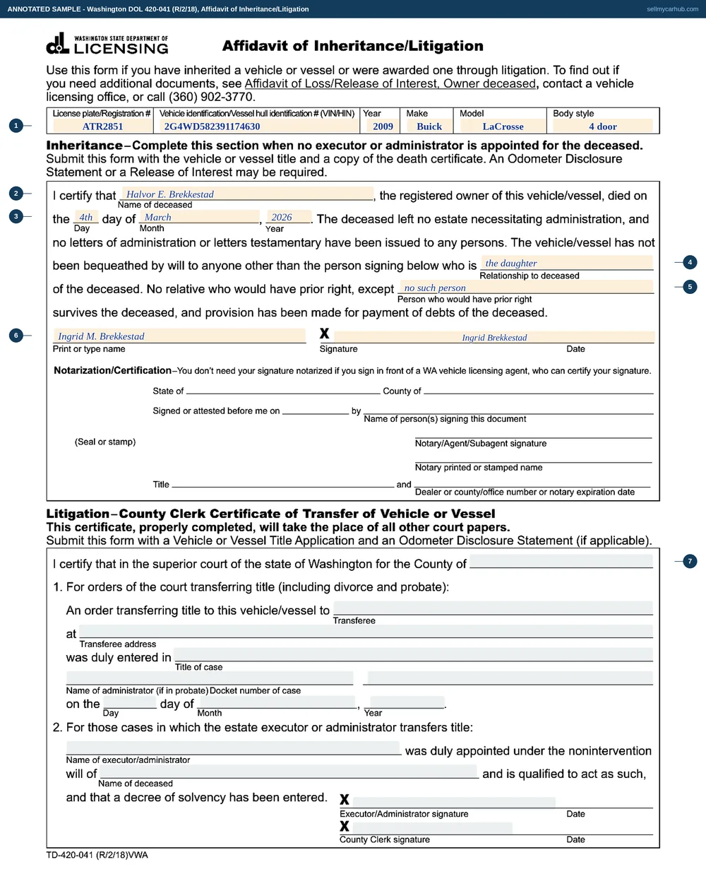A completed Washington Affidavit of Inheritance/Litigation, form 420-041, for a 2009 Buick LaCrosse: the vehicle band, the inheritance half naming Halvor E. Brekkestad of Poulsbo who died on 4 March 2026, the daughter signing as the person entitled, an empty seal block beneath her signature, and the litigation half left blank.