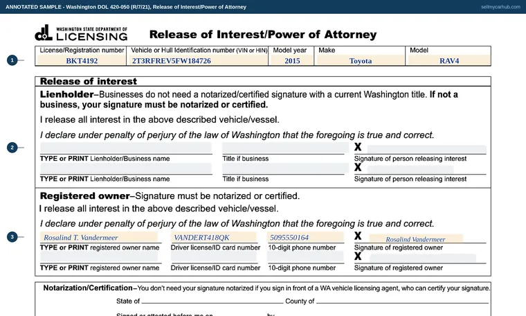 Top of our filled-in example of Washington 420-050, Release of Interest/Power of Attorney