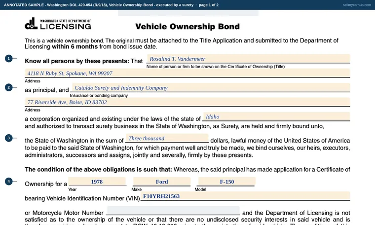 Top of page 1 of our filled-in example of Washington 420-054, Vehicle Ownership Bond