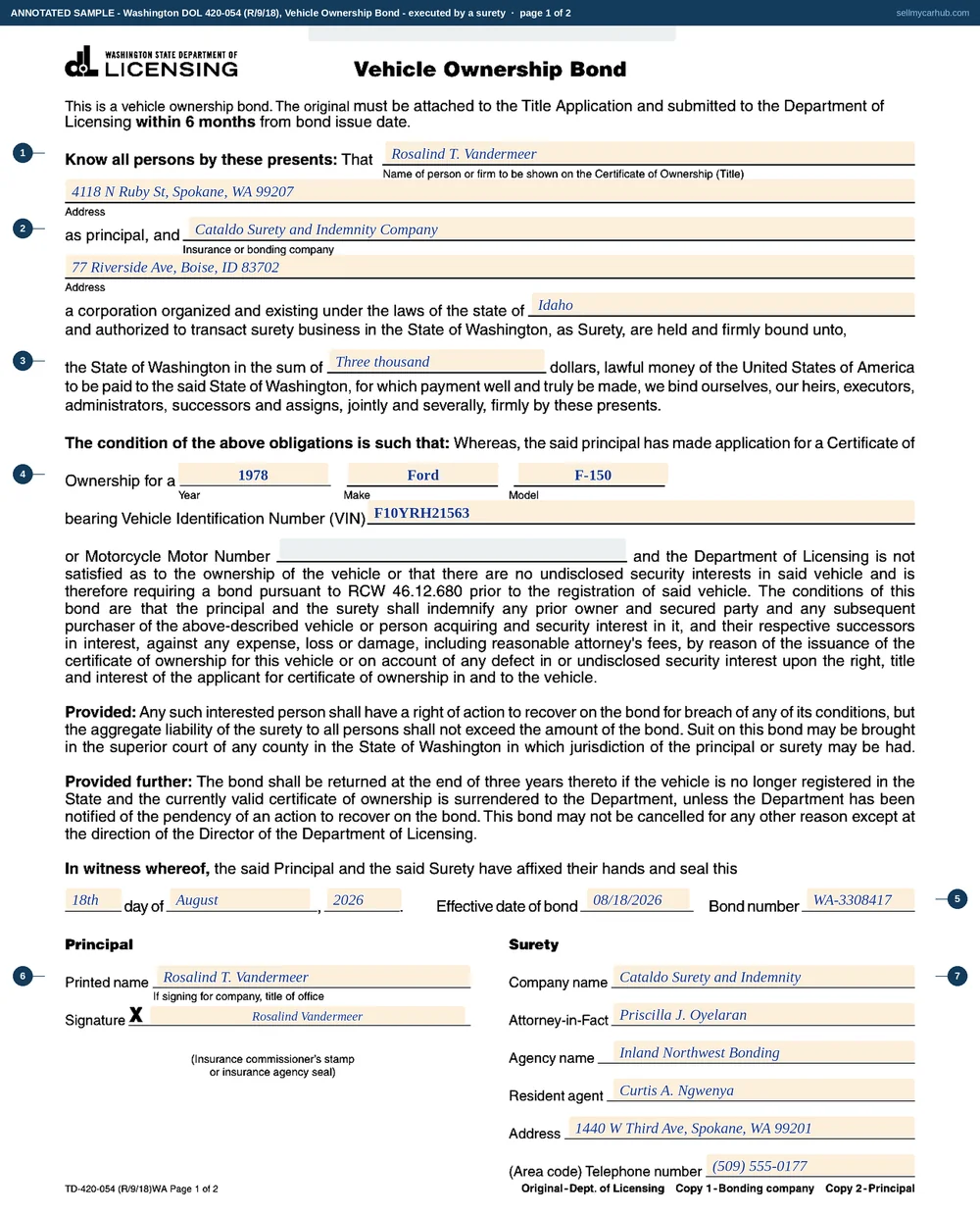 A completed Washington Vehicle Ownership Bond, form 420-054, naming Rosalind Vandermeer of Spokane as principal and a surety company as surety, for a 1978 Ford F-150 identified by its vehicle identification number, with the bond sum, effective date and bond number, the principal's signature, and the surety's execution block with the attorney-in-fact, agency and resident agent completed.