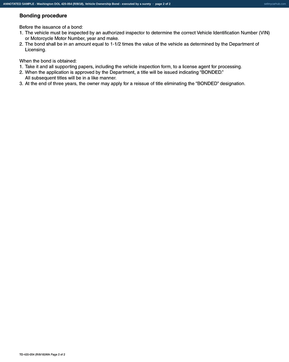 A completed Washington Vehicle Ownership Bond, form 420-054, naming Rosalind Vandermeer of Spokane as principal and a surety company as surety, for a 1978 Ford F-150 identified by its vehicle identification number, with the bond sum, effective date and bond number, the principal's signature, and the surety's execution block with the attorney-in-fact, agency and resident agent completed.