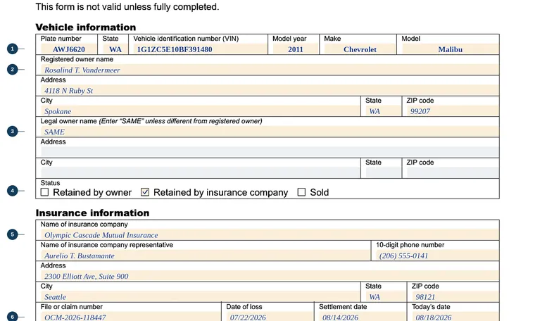 Part of our filled-in example of Washington 420-074, Vehicle Total Loss Claim Settlement Report, showing the filled-in entries