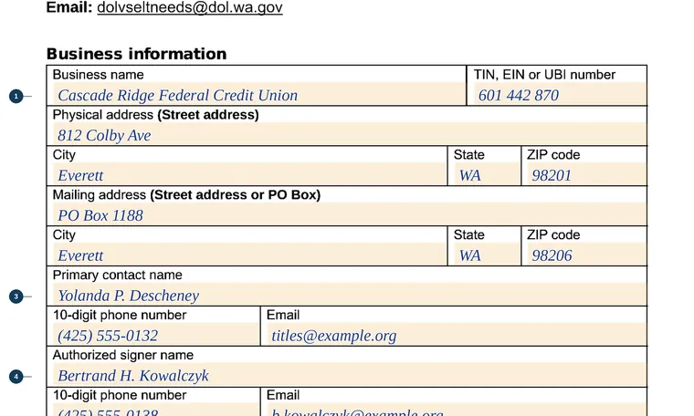 Part of page 1 of our filled-in example of Washington 420-163, Electronic Titles Lender Application, showing the filled-in entries
