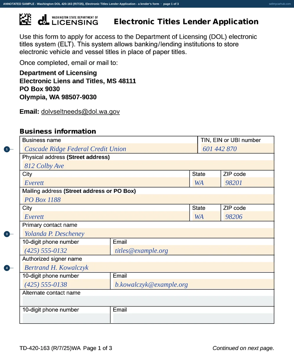 A completed Washington Electronic Titles Lender Application, form 420-163, filled in as a credit union would file it: institution name and address, the approved third-party vendor, named contacts for the account, and an authorised signature.