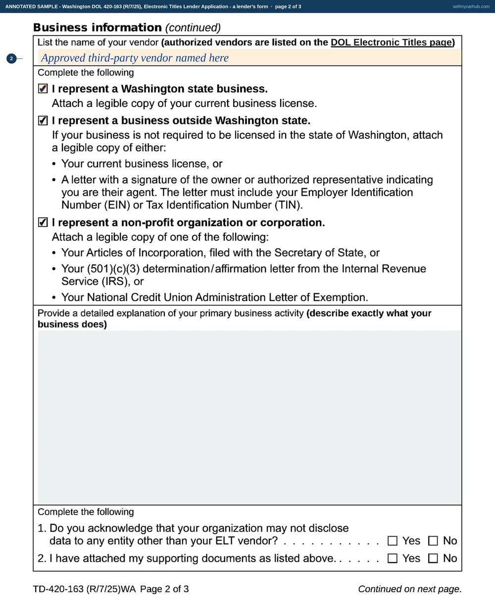 A completed Washington Electronic Titles Lender Application, form 420-163, filled in as a credit union would file it: institution name and address, the approved third-party vendor, named contacts for the account, and an authorised signature.