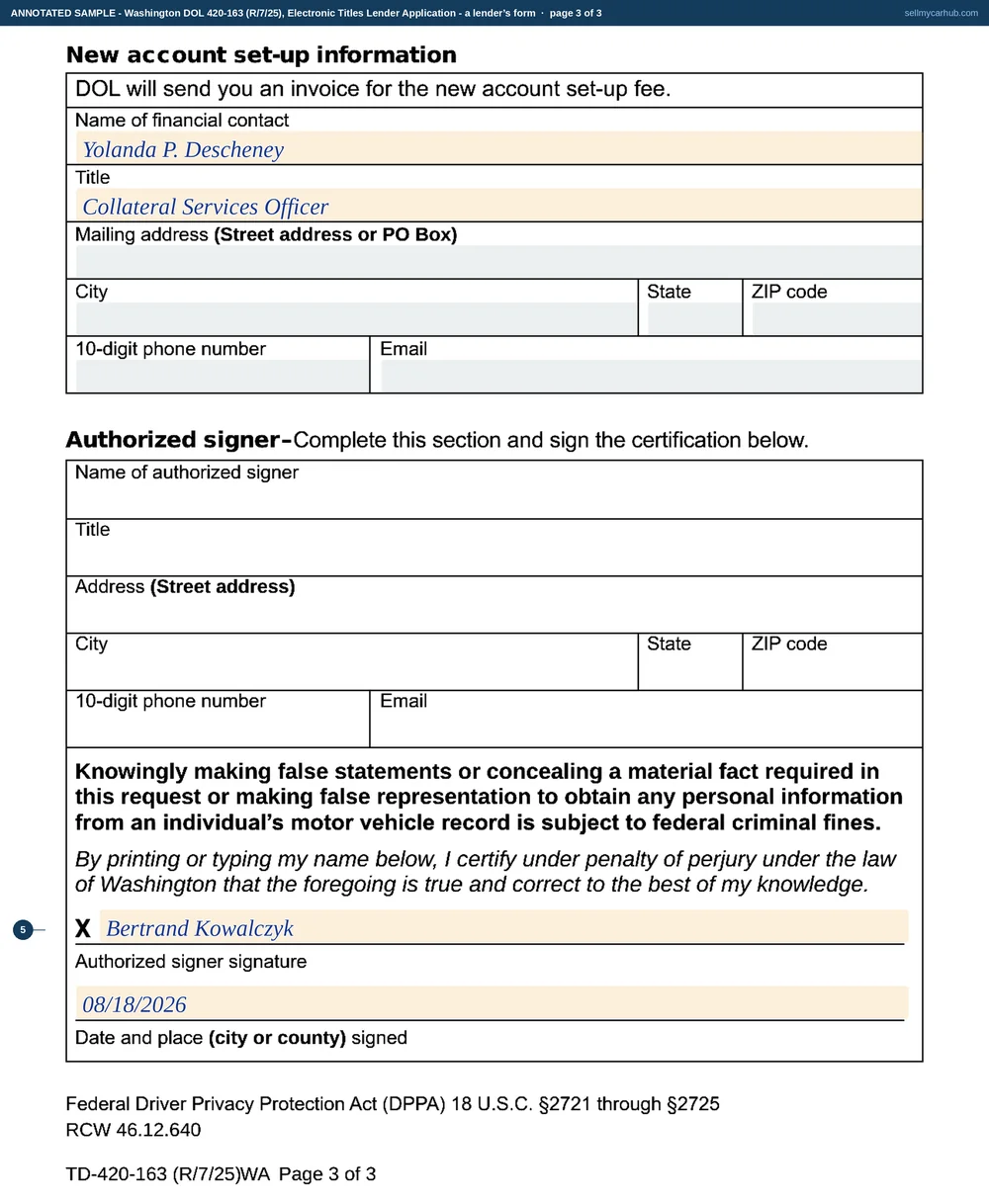A completed Washington Electronic Titles Lender Application, form 420-163, filled in as a credit union would file it: institution name and address, the approved third-party vendor, named contacts for the account, and an authorised signature.