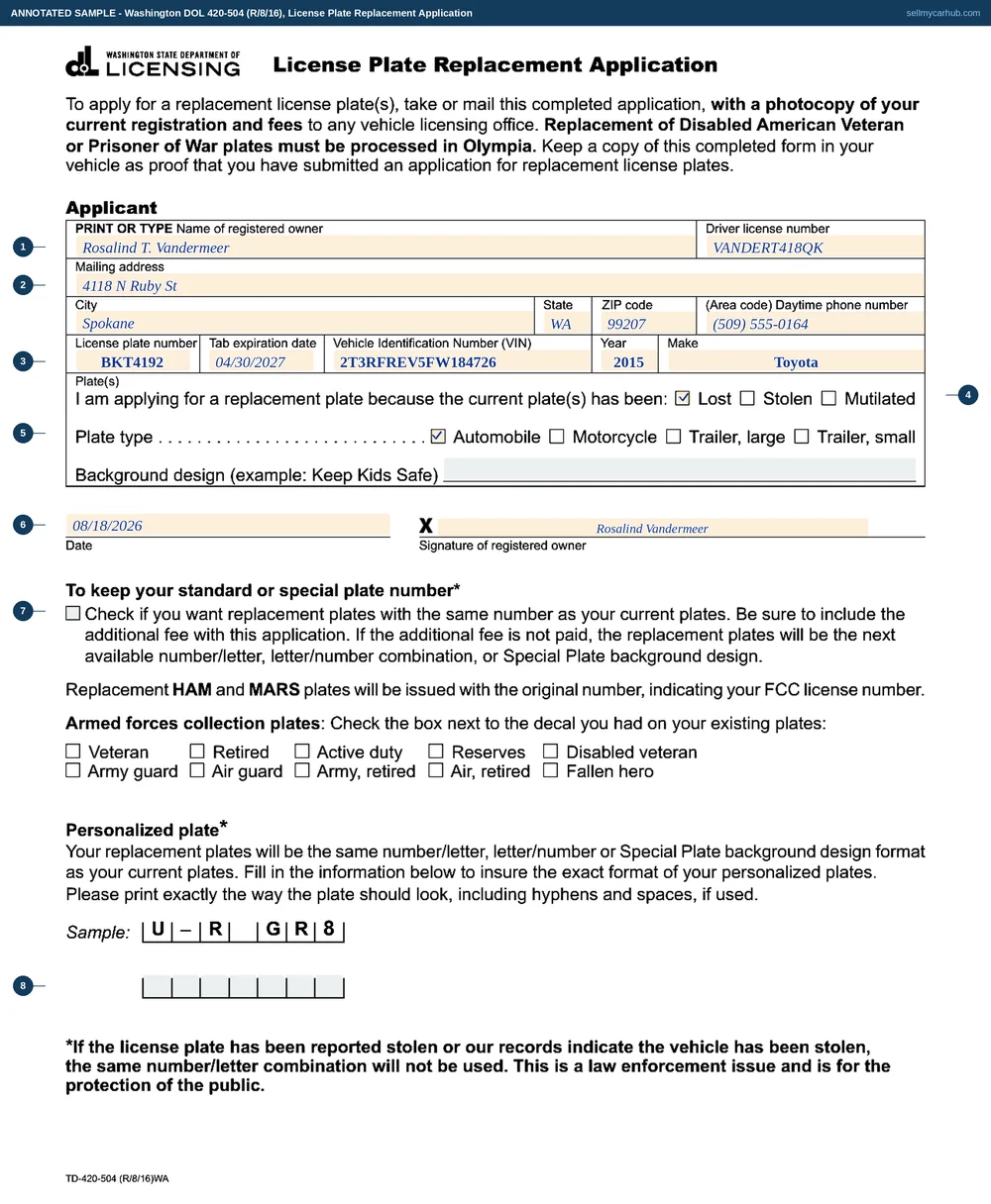 A completed Washington License Plate Replacement Application, form 420-504, for a 2015 Toyota RAV4: the registered owner's name, driver licence number and Spokane address, the plate number and tab expiration date, the identification number, the lost box ticked, automobile ticked as the plate type, and the owner's signature and date.