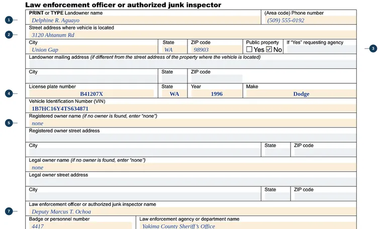Part of page 1 of our filled-in example of Washington 420-549, Junk Vehicle Affidavit, showing the filled-in entries