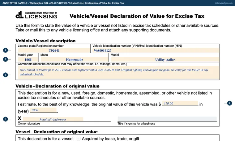 Top of our filled-in example of Washington 420-737, Vehicle/Vessel Declaration of Value for Excise Tax