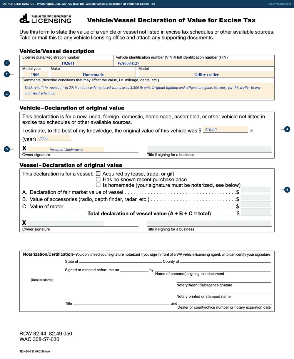 A completed Washington Vehicle/Vessel Declaration of Value for Excise Tax, form 420-737, for an assembled 1966 utility trailer: the plate and identification numbers, a comments block describing a rebuilt deck and replacement axle, an estimated original value with the year, the owner's signature, and an empty notarisation block waiting for the agent who watches it signed.