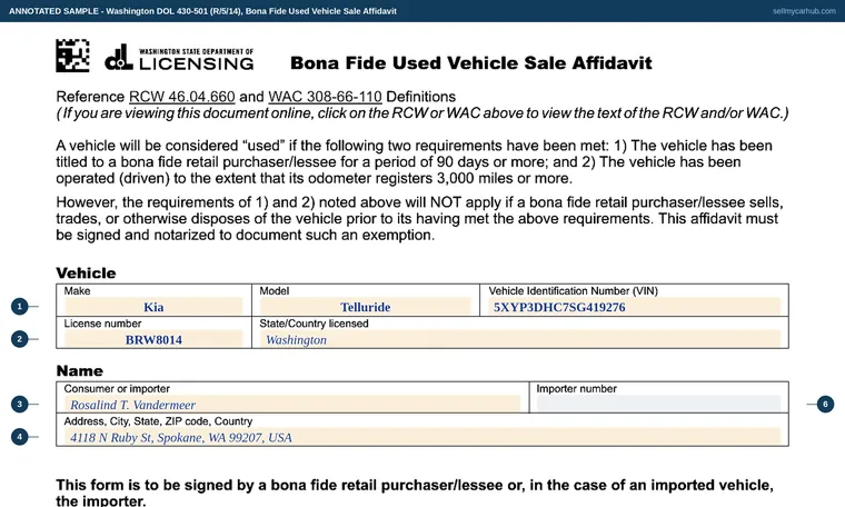 Top of our filled-in example of Washington 430-501, Bona Fide Used Vehicle Sale Affidavit
