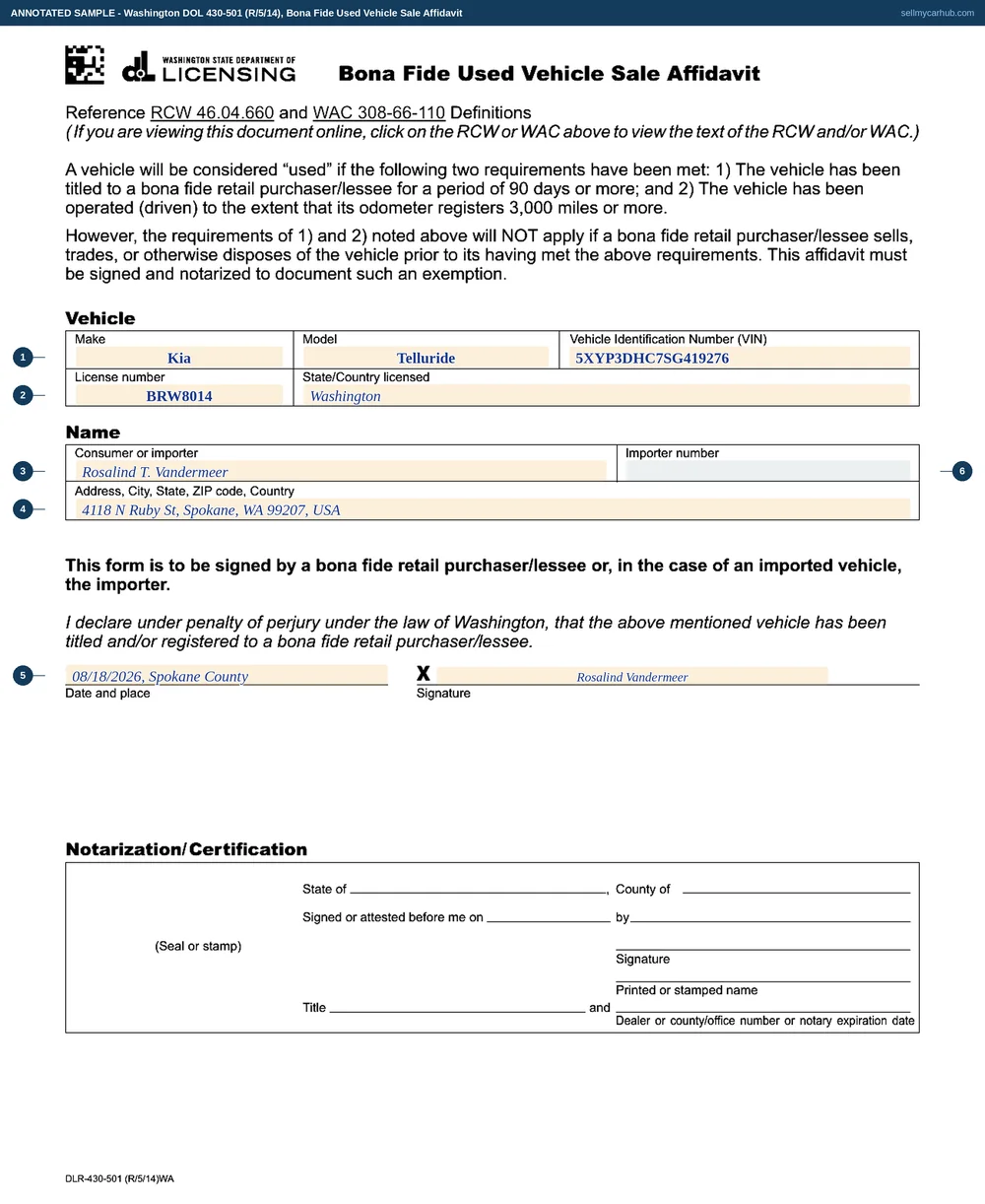 A completed Washington Bona Fide Used Vehicle Sale Affidavit, form 430-501, describing a 2026 Kia Telluride with a Washington plate, signed by consumer Rosalind Vandermeer of Spokane with the date and place signed, above a notarisation block nobody has filled in yet.
