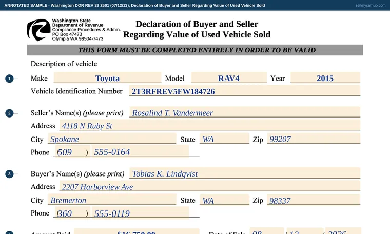 Top of our filled-in example of Washington REV 32 2501, Declaration of Buyer and Seller Regarding Value of Used Vehicle Sold